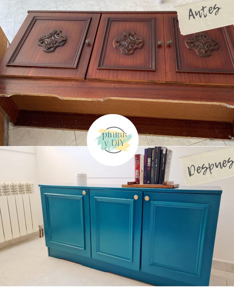 Antes y después de un mueble de madera antiguo pintado para modernizar