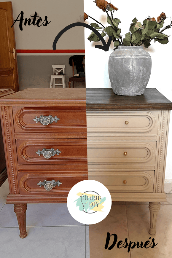 Antes y después de la transformación de mesitas de noche antiguas de madera
